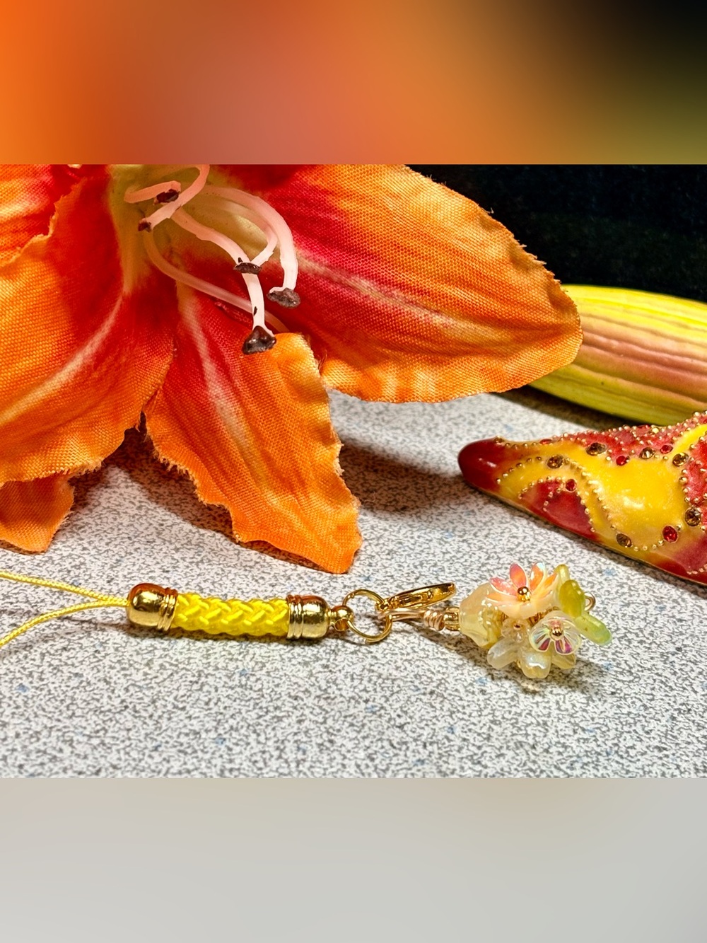 Yellow Braided Leather cell phone Charm with Floral Pendant